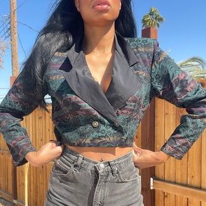 Vintage printed double button cropped blazer